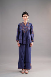 Women’s Viscose Dobby Blue Color Embroidered Co-Ord Set