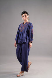 Women’s Viscose Dobby Blue Color Embroidered Co-Ord Set