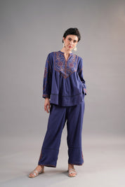 Women’s Viscose Dobby Blue Color Embroidered Co-Ord Set