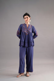 Women’s Viscose Dobby Blue Color Embroidered Co-Ord Set