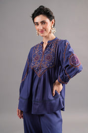 Women’s Viscose Dobby Blue Color Embroidered Co-Ord Set