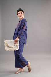 Women’s Viscose Dobby Blue Color Embroidered Co-Ord Set