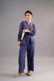 Women’s Viscose Dobby Blue Color Embroidered Co-Ord Set