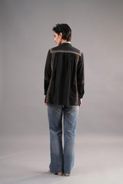 Women 60's Cotton Slub Black Color Embroidered Top
