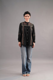 Women 60's Cotton Slub Black Color Embroidered Top