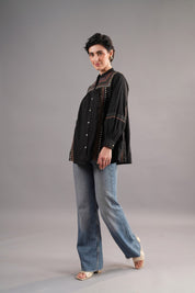 Women 60's Cotton Slub Black Color Embroidered Top