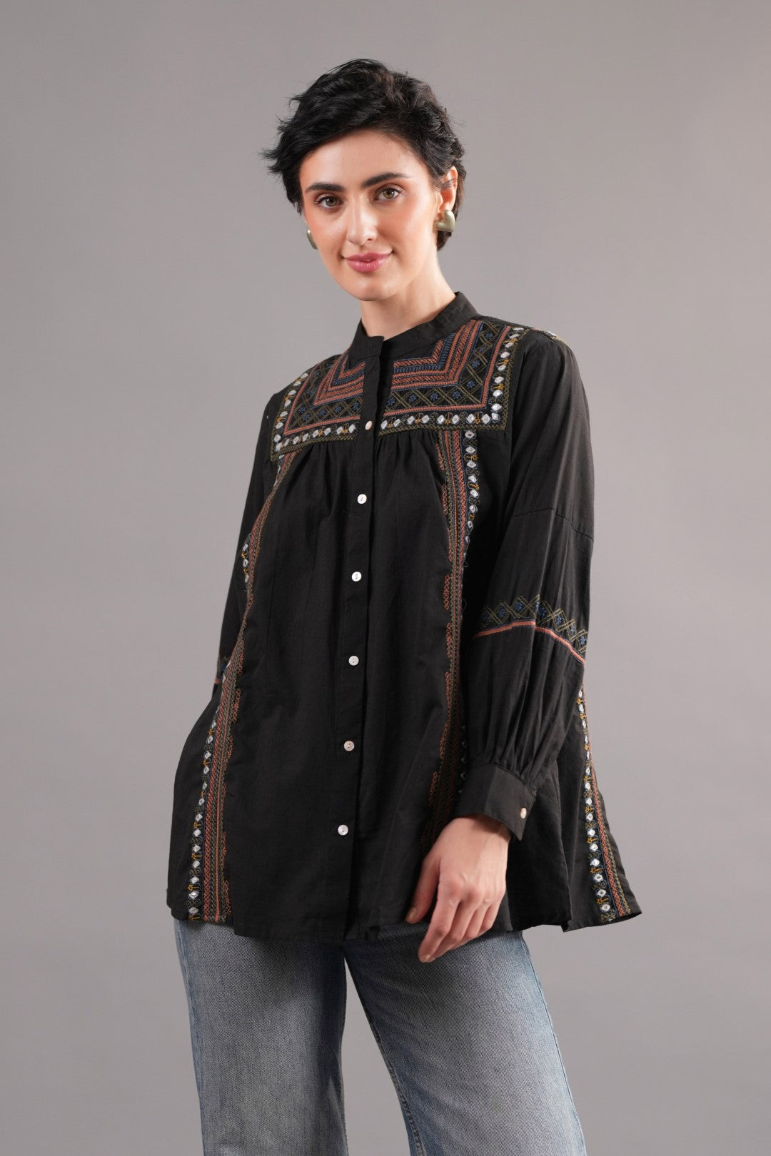 Women 60's Cotton Slub Black Color Embroidered Top