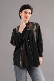 Women 60's Cotton Slub Black Color Embroidered Top