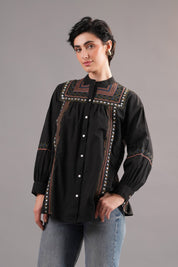 Women 60's Cotton Slub Black Color Embroidered Top