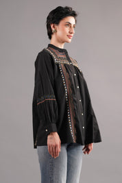 Women 60's Cotton Slub Black Color Embroidered Top
