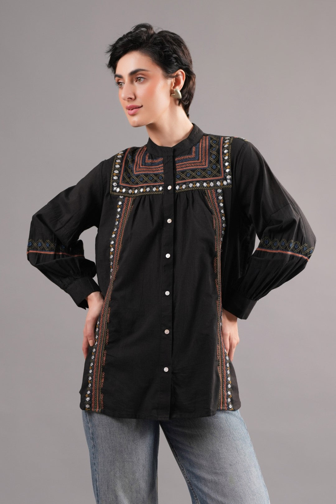 Women 60's Cotton Slub Black Color Embroidered Top
