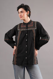 Women 60's Cotton Slub Black Color Embroidered Top