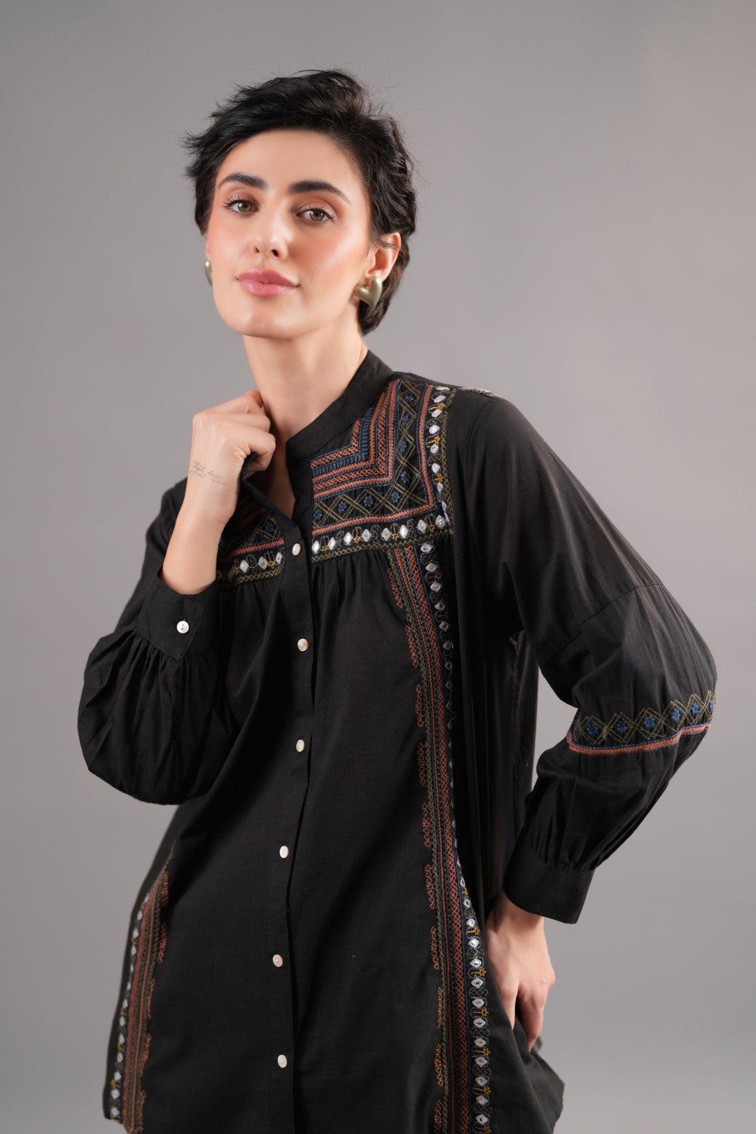 Women 60's Cotton Slub Black Color Embroidered Top