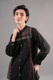 Women 60's Cotton Slub Black Color Embroidered Top