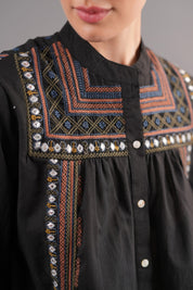 Women 60's Cotton Slub Black Color Embroidered Top