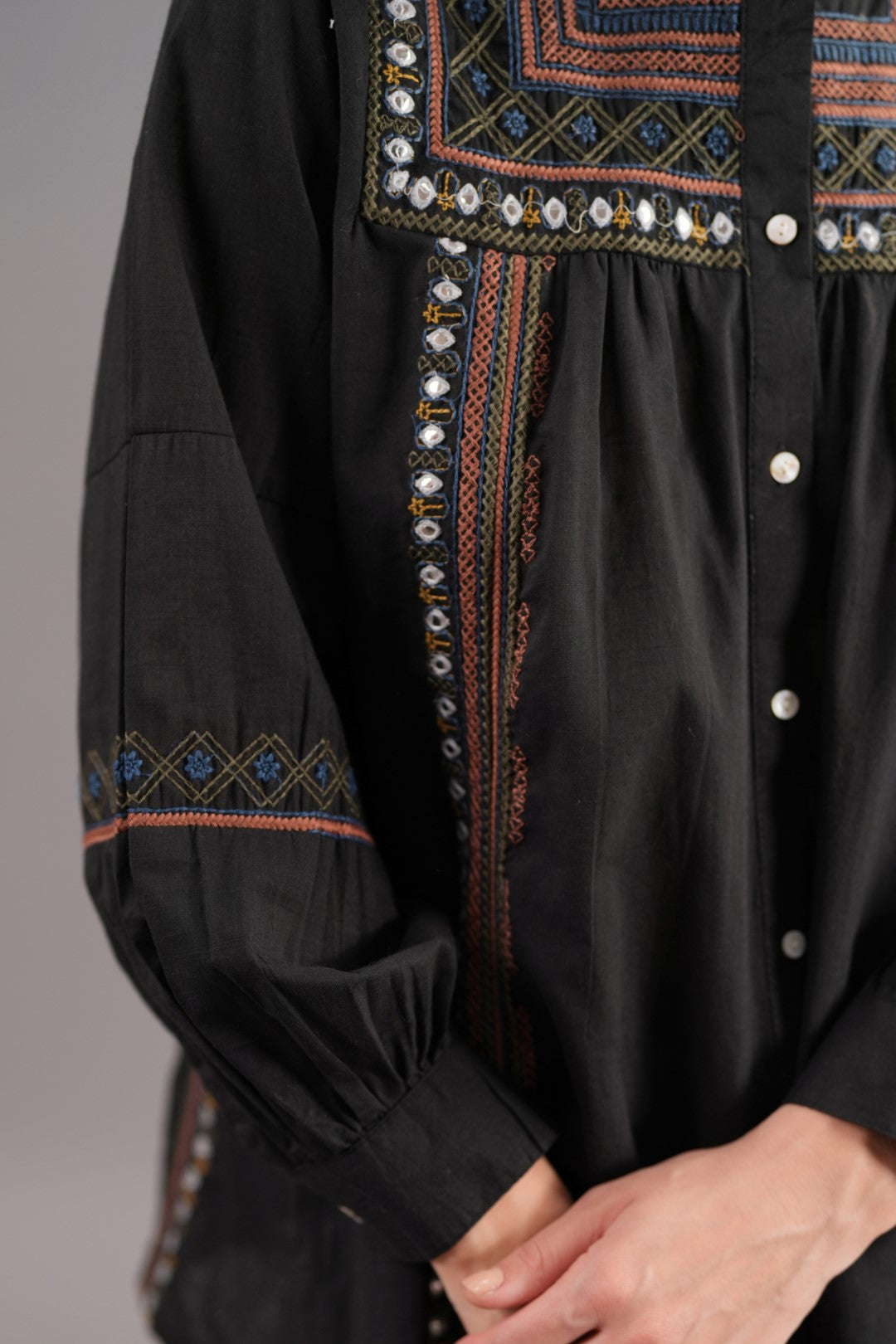 Women 60's Cotton Slub Black Color Embroidered Top