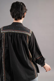 Women 60's Cotton Slub Black Color Embroidered Top