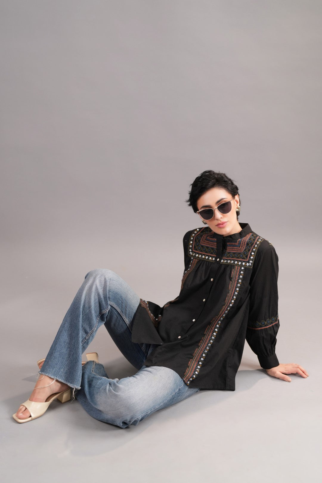 Women 60's Cotton Slub Black Color Embroidered Top