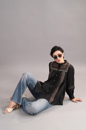 Women 60's Cotton Slub Black Color Embroidered Top