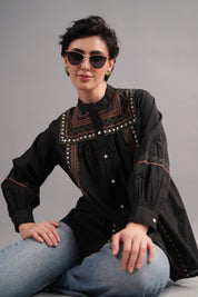 Women 60's Cotton Slub Black Color Embroidered Top