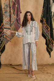 Women White Rayon Digital Print Embroidery Hand Work Co-Ord Set