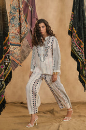 Women White Rayon Digital Print Embroidery Hand Work Co-Ord Set
