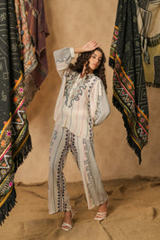 Women White Rayon Digital Print Embroidery Hand Work Co-Ord Set