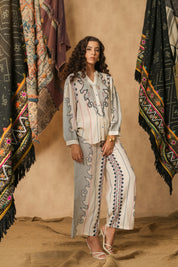 Women White Rayon Digital Print Embroidery Hand Work Co-Ord Set