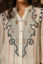 Women White Rayon Digital Print Embroidery Hand Work Co-Ord Set