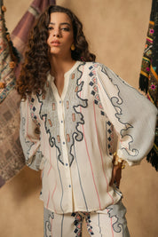 Women White Rayon Digital Print Embroidery Hand Work Co-Ord Set