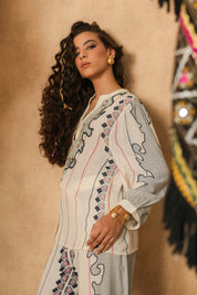 Women White Rayon Digital Print Embroidery Hand Work Co-Ord Set
