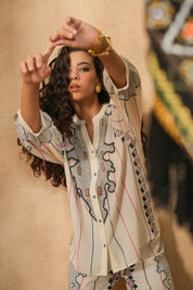 Women White Rayon Digital Print Embroidery Hand Work Co-Ord Set