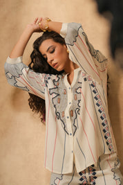 Women White Rayon Digital Print Embroidery Hand Work Co-Ord Set