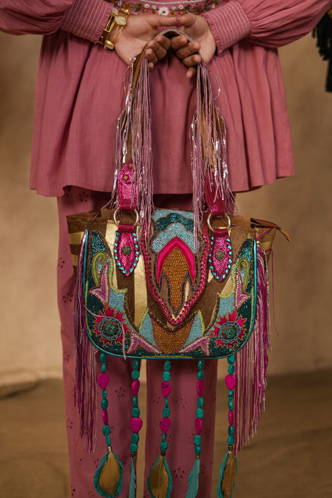 Women Handmade Leather Ethnic Beaded with Tassel Handbag