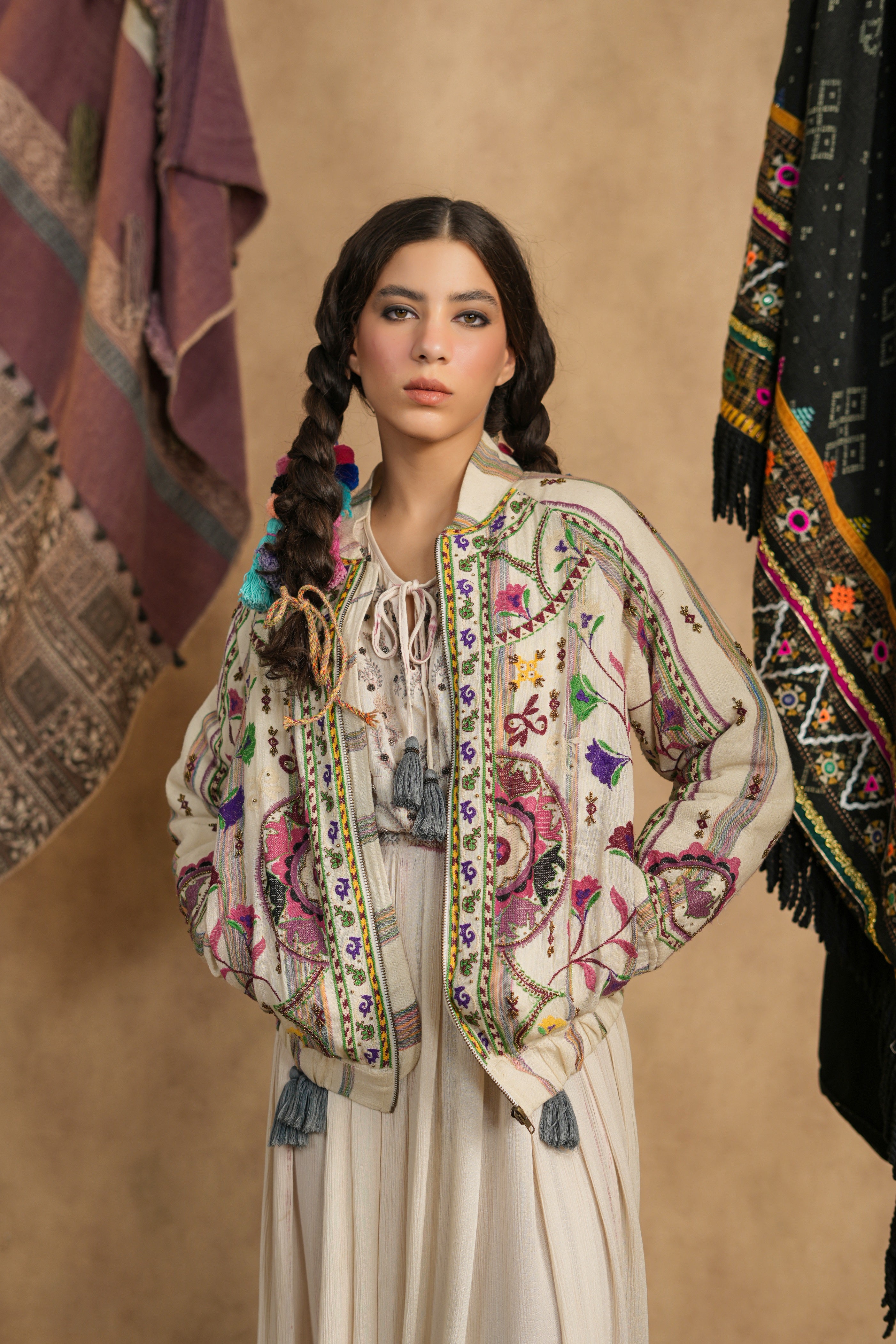 Cream Hand-Embroidered Bohemian Jacket – Multi-Color Threadwork, Tassel Detail, Relaxed Fit