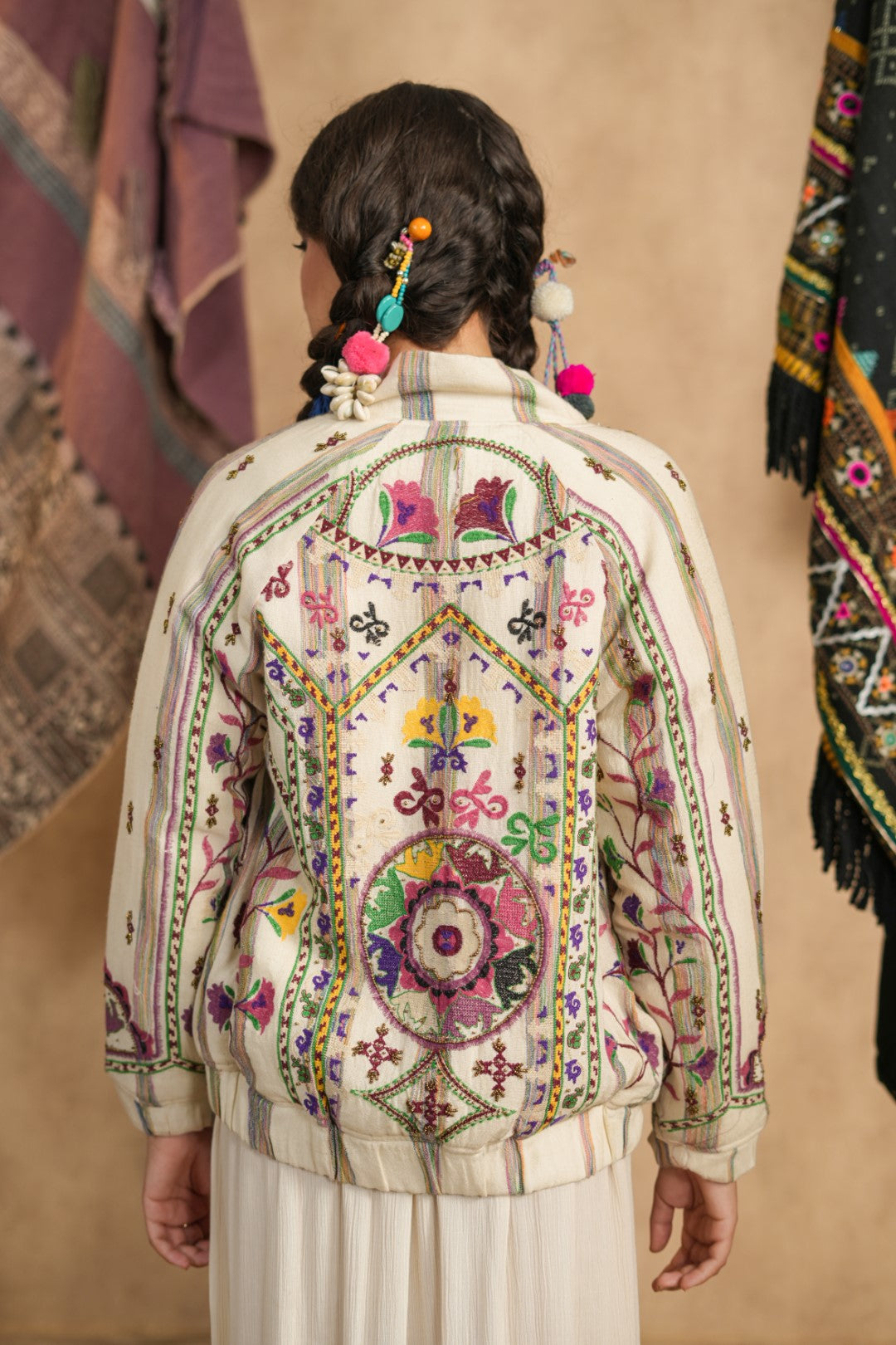 Cream Hand-Embroidered Bohemian Jacket – Multi-Color Threadwork, Tassel Detail, Relaxed Fit