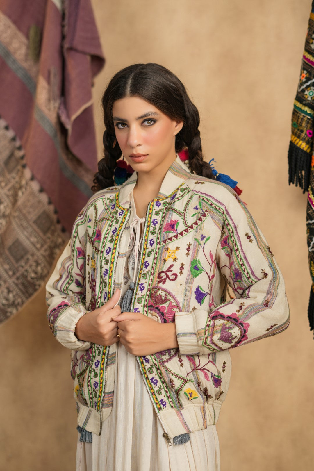 Cream Hand-Embroidered Bohemian Jacket – Multi-Color Threadwork, Tassel Detail, Relaxed Fit