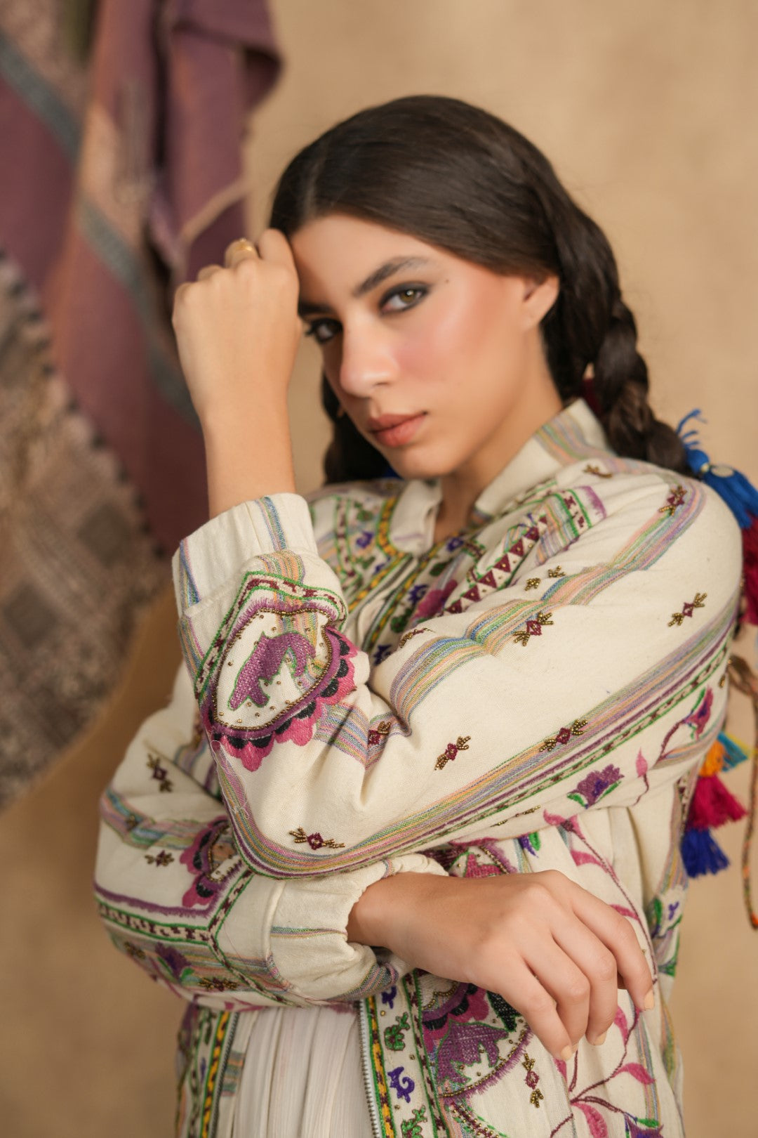 Women Cotton Yarn-Dye Embroidered & Hand Work Jacket with Inner Line