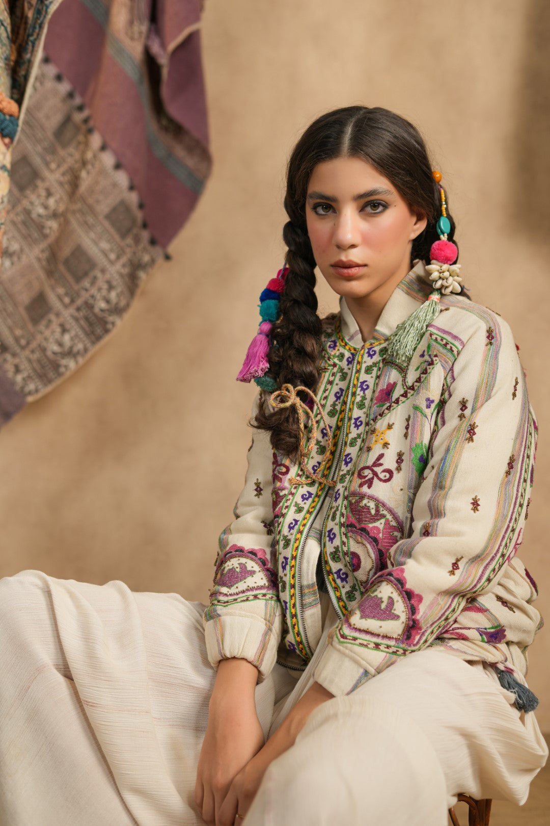 Cream Hand-Embroidered Bohemian Jacket – Multi-Color Threadwork, Tassel Detail, Relaxed Fit