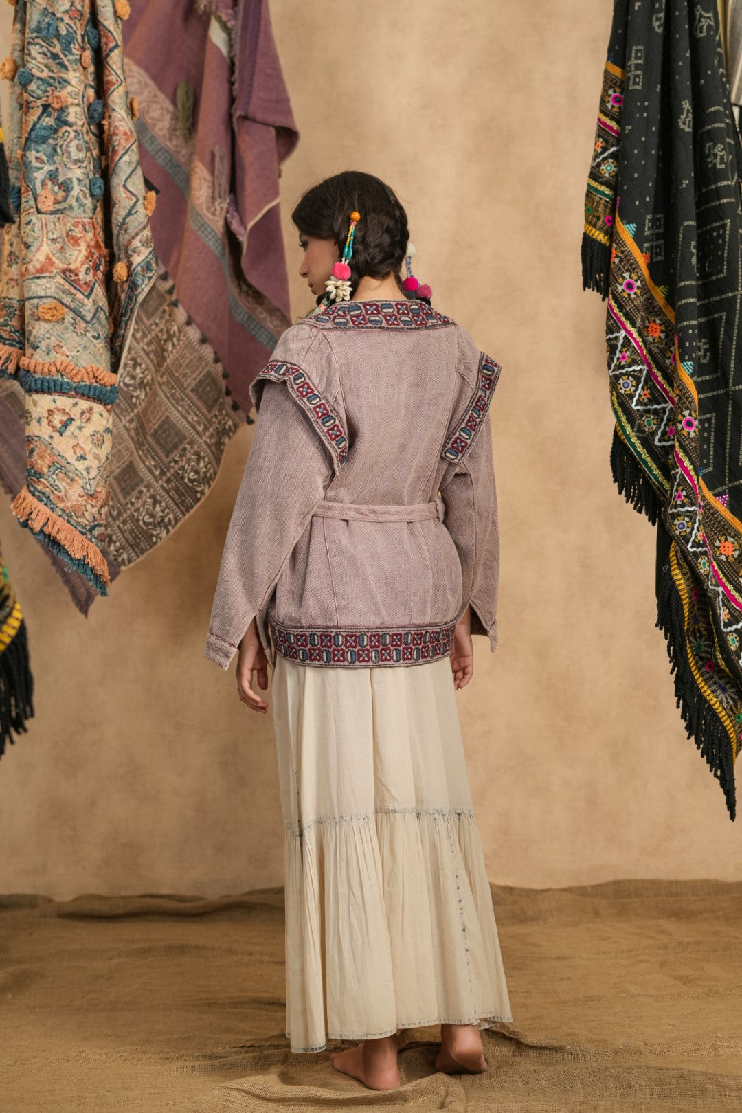 Women Cotton Twill Embroidered Jacket With Belt, Pocket