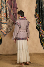 Women Cotton Twill Embroidered Jacket With Belt, Pocket