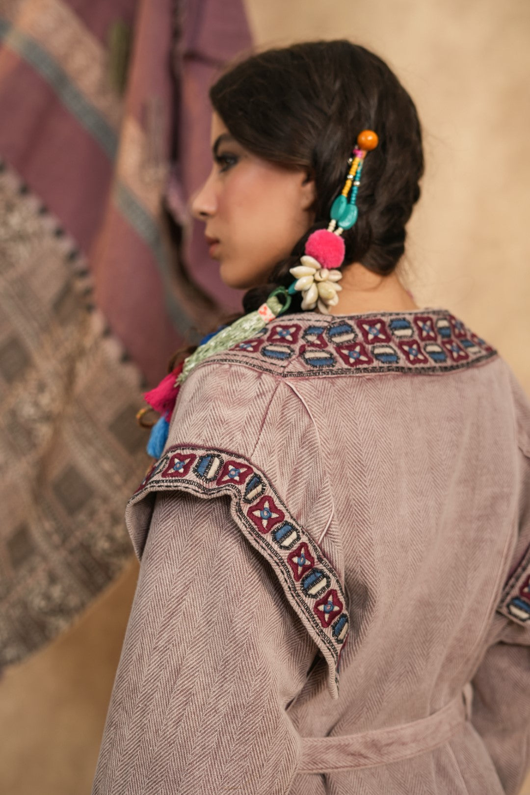Women Cotton Twill Embroidered Jacket With Belt, Pocket