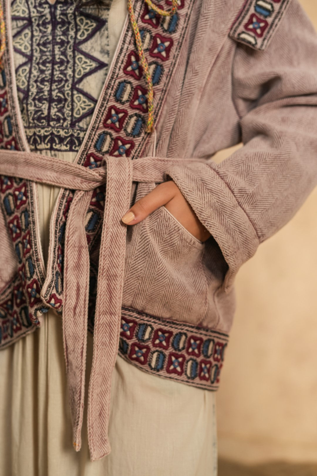 Women Cotton Twill Embroidered Jacket With Belt, Pocket