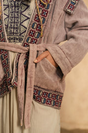 Women Cotton Twill Embroidered Jacket With Belt, Pocket