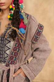 Women Cotton Twill Embroidered Jacket With Belt, Pocket