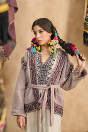 Women Cotton Twill Embroidered Jacket With Belt, Pocket