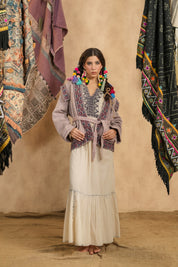 Women Cotton Twill Embroidered Jacket With Belt, Pocket
