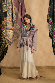 Women Cotton Twill Embroidered Jacket With Belt, Pocket