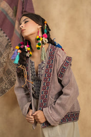 Women Cotton Twill Embroidered Jacket With Belt, Pocket