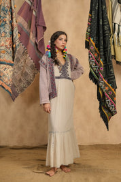 Women Cotton Twill Embroidered Jacket With Belt, Pocket